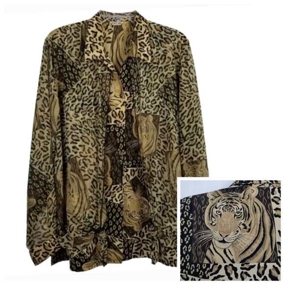 Won Moa Tiger Animal Print Button Down Blouse Sheer Sleeve Overlay Patchwork 2X - Picture 1 of 13